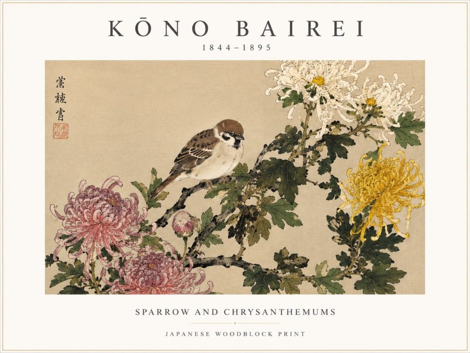 Kōno Bairei Sparrow and Chrysanthemums No3 - Plakát