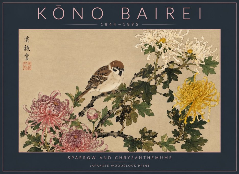 Kōno Bairei Sparrow and Chrysanthemums No4 - Plakát