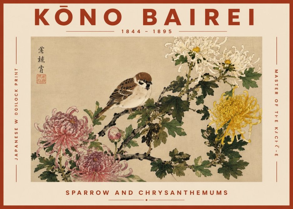 Kōno Bairei Sparrow and Chrysanthemums No6 - Plakát
