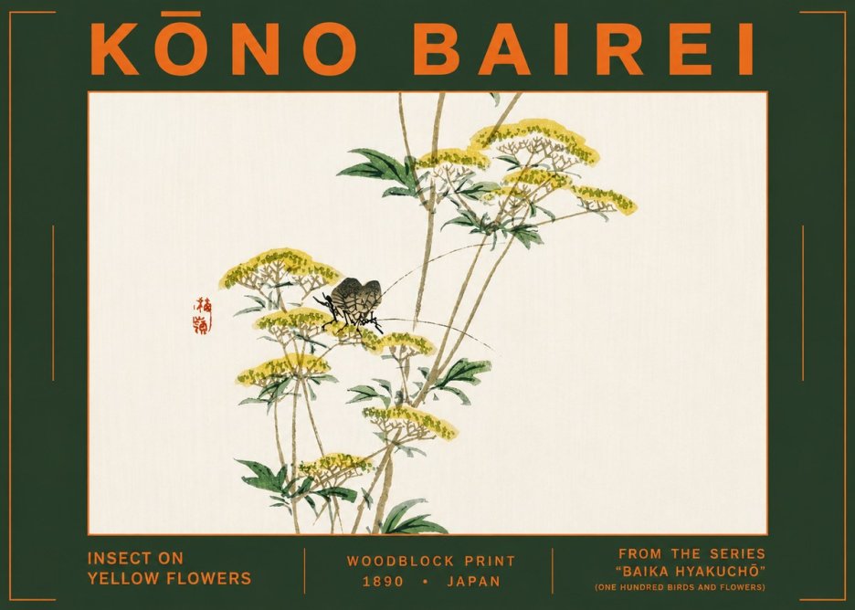 Kōno Bairei Insect on Yellow Flowers No6 - Plakát