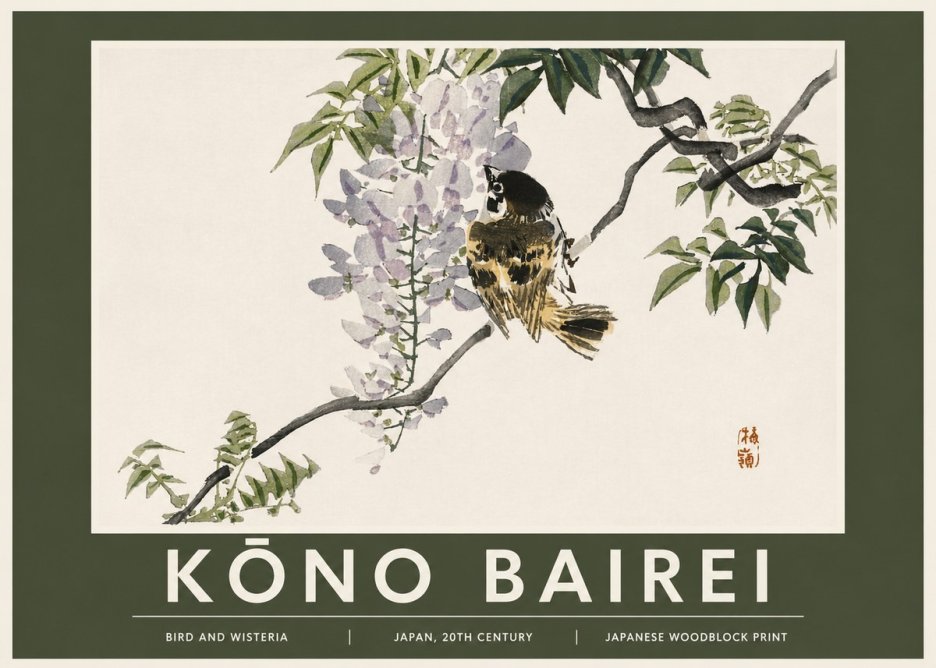 Kōno Bairei Wisteria and Bird No3 - Plakát