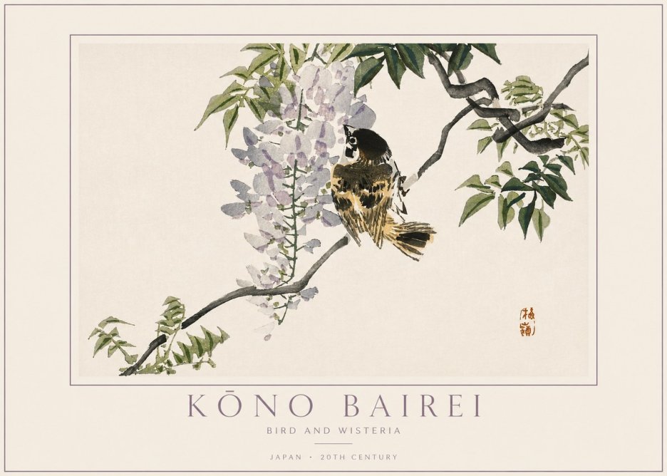 Kōno Bairei Wisteria and Bird No4 - Plakát