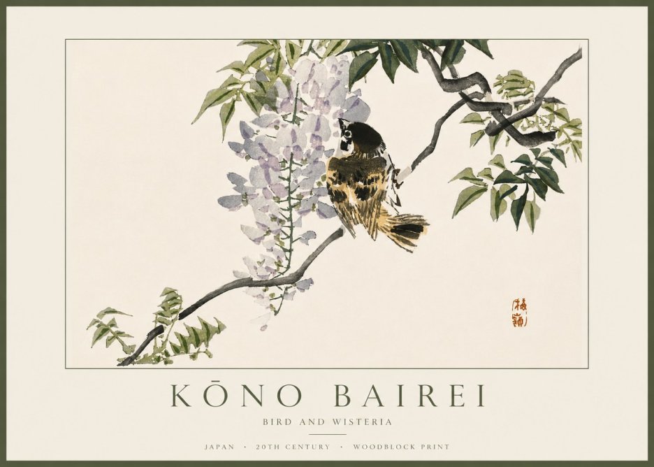 Kōno Bairei Wisteria and Bird No5 - Plakát