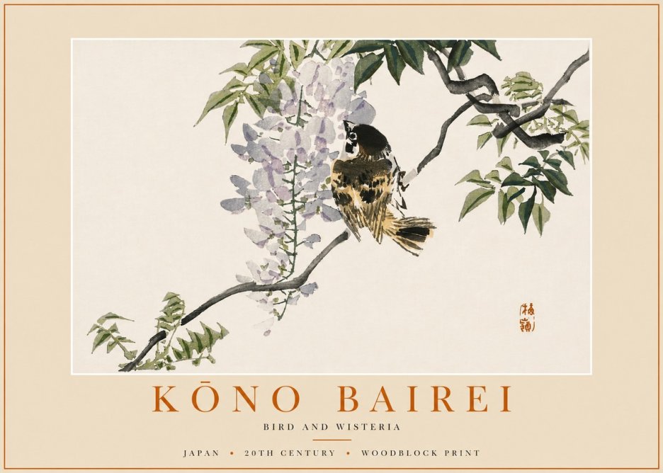 Kōno Bairei Wisteria and Bird No6 - Plakát