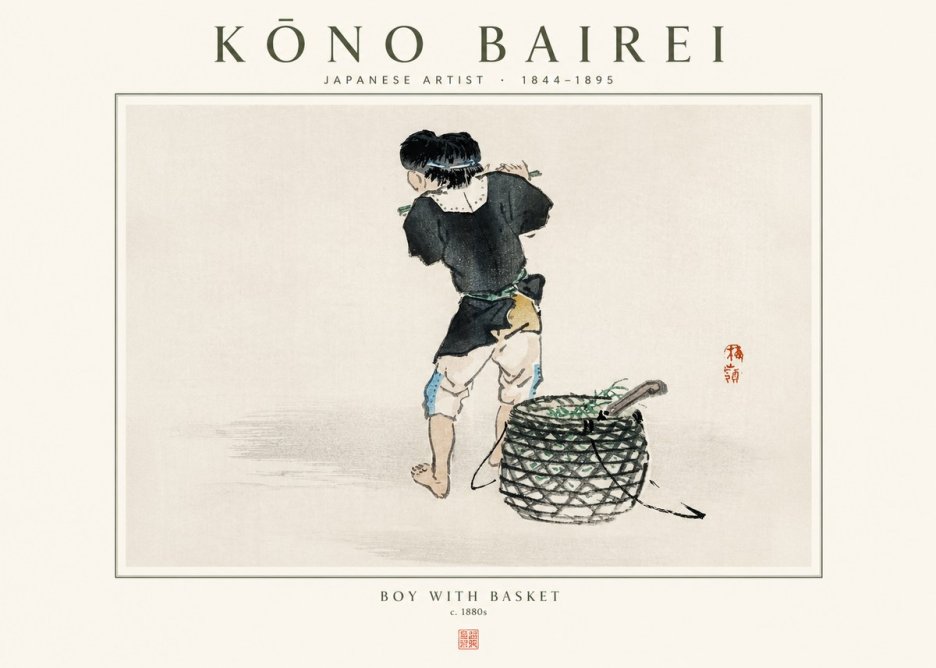 Kōno Bairei Boy with Basket No1 - Plakát