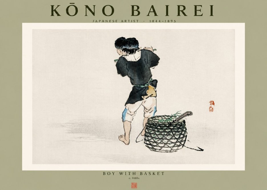 Kōno Bairei Boy with Basket No4 - Plakát
