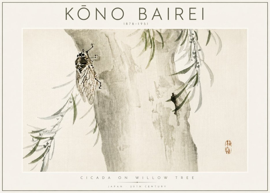 Kōno Bairei Cicada on Willow Tree No4 - Plakát