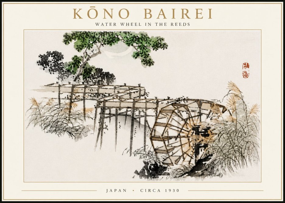 Kōno Bairei Water Wheel in the Reeds No4 - Plakát