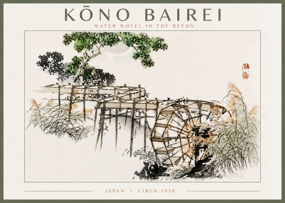 Kōno Bairei Water Wheel in the Reeds No5 - Plakát