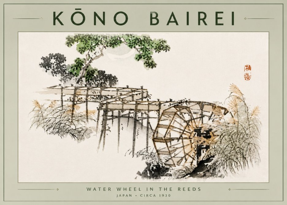Kōno Bairei Water Wheel in the Reeds No6 - Plakát