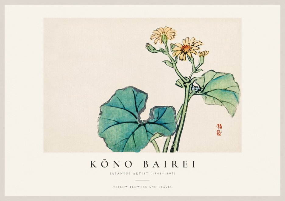 Kōno Bairei Yellow Flowers and Leaves No1 - Plakát
