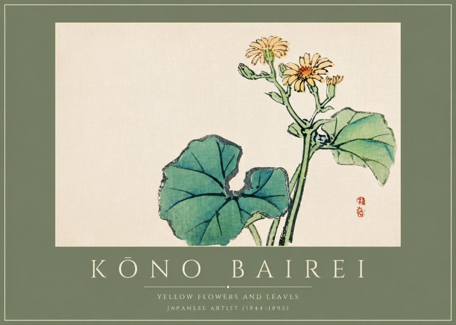 Kōno Bairei Yellow Flowers and Leaves No2 - Plakát
