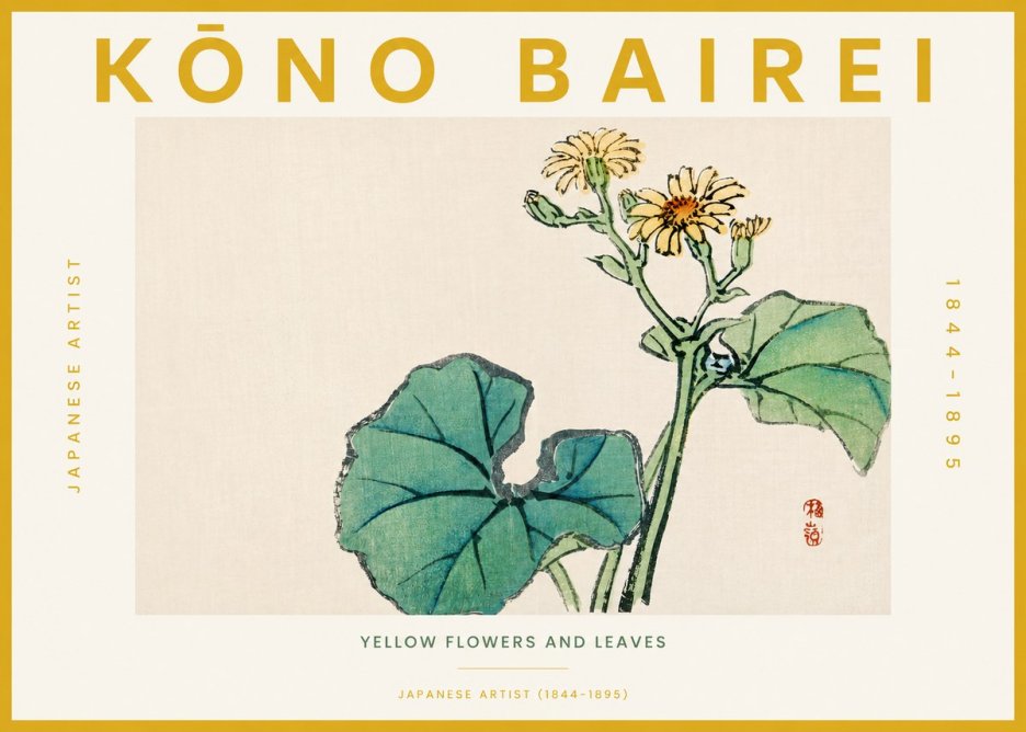 Kōno Bairei Yellow Flowers and Leaves No3 - Plakát