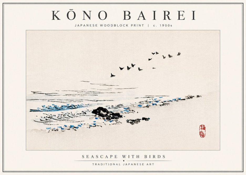 Kōno Bairei Seascape with Birds No4 - Plakát