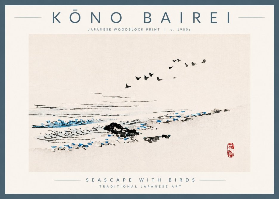 Kōno Bairei Seascape with Birds No5 - Plakát