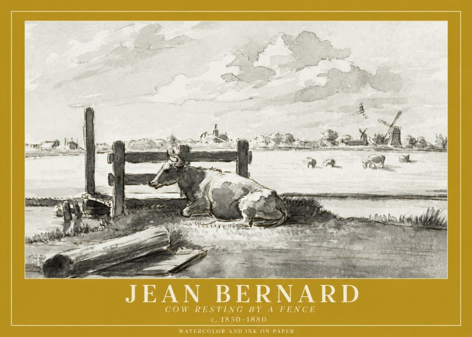 Jean Bernard Cow Resting by a Fence No1 - Plakát
