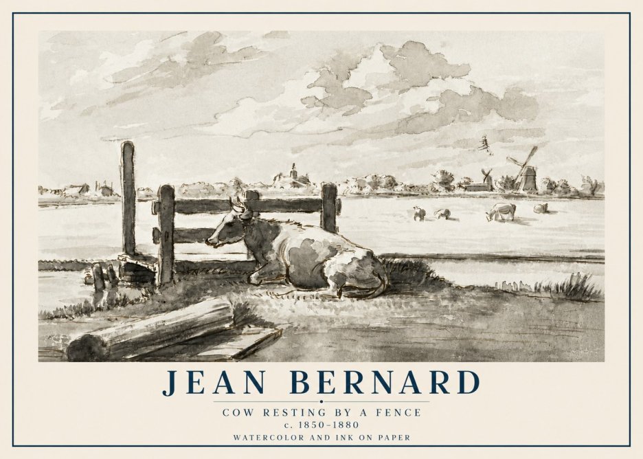 Jean Bernard Cow Resting by a Fence No2 - Plakát