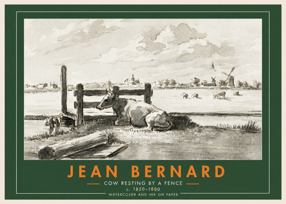 Jean Bernard Cow Resting by a Fence No3 - Plakát
