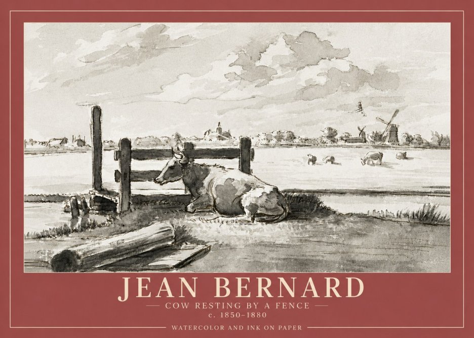 Jean Bernard Cow Resting by a Fence No4 - Plakát