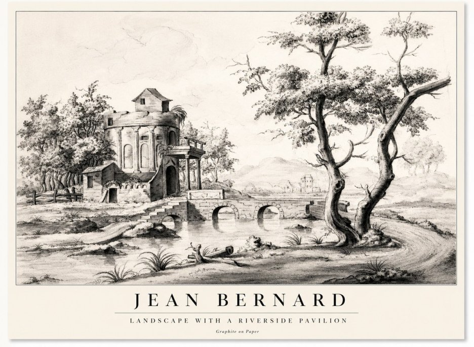 Jean Bernard Riverside Landscape with Bridge and Tower No2 - Plakát