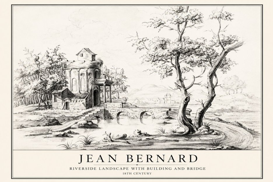 Jean Bernard Riverside Landscape with Bridge and Tower No4 - Plakát
