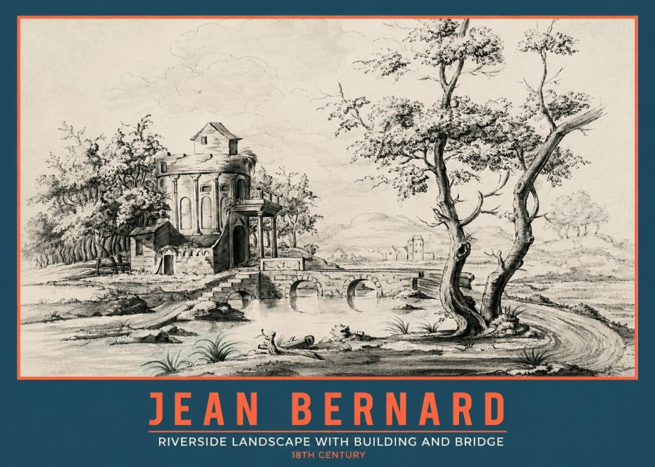 Jean Bernard Riverside Landscape with Bridge and Tower No5 - Plakát
