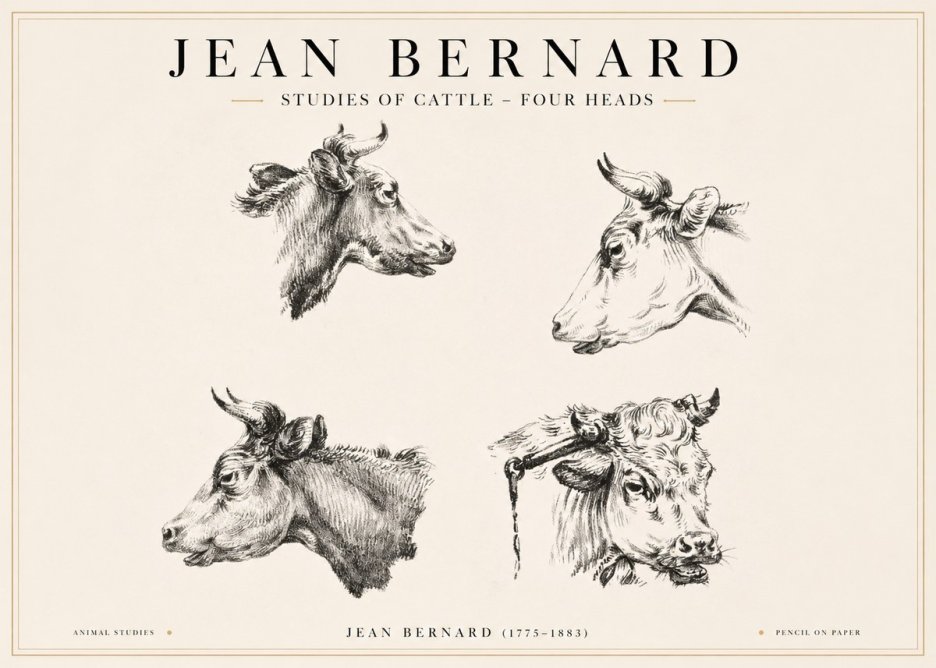 Jean Bernard Studies of Cattle - Four Heads No1 - Plakát