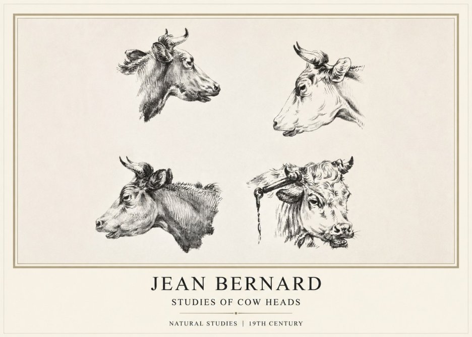 Jean Bernard Studies of Cattle - Four Heads No2 - Plakát
