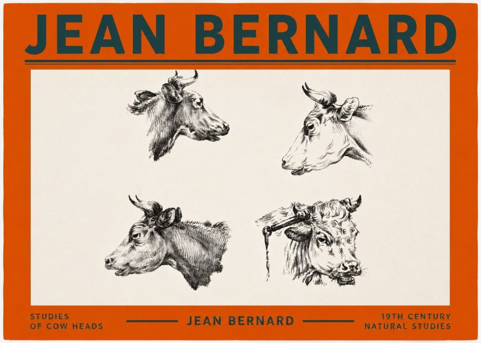 Jean Bernard Studies of Cattle - Four Heads No3 - Plakát