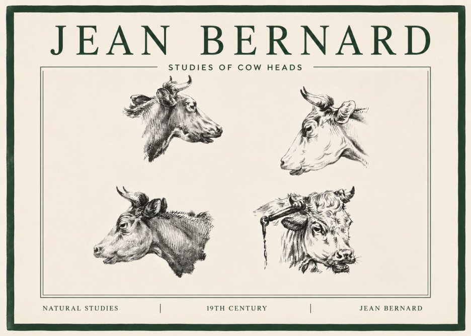Jean Bernard Studies of Cattle - Four Heads No4 - Plakát
