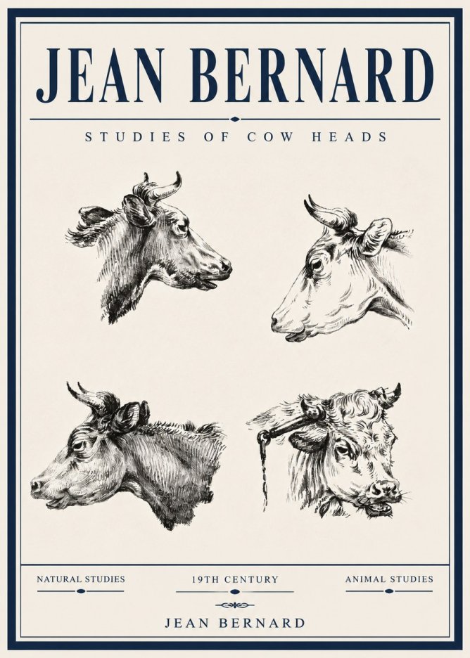 Jean Bernard Studies of Cattle - Four Heads No6 - Plakát
