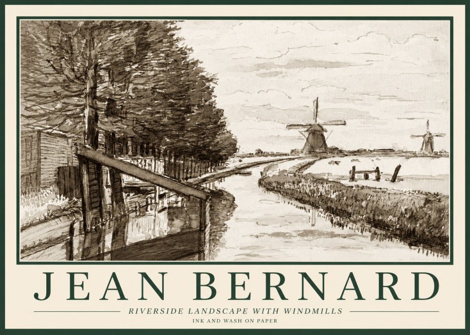 Jean Bernard Riverside Landscape with Windmills No1 - Plakát