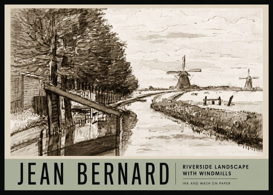 Jean Bernard Riverside Landscape with Windmills No3 - Plakát