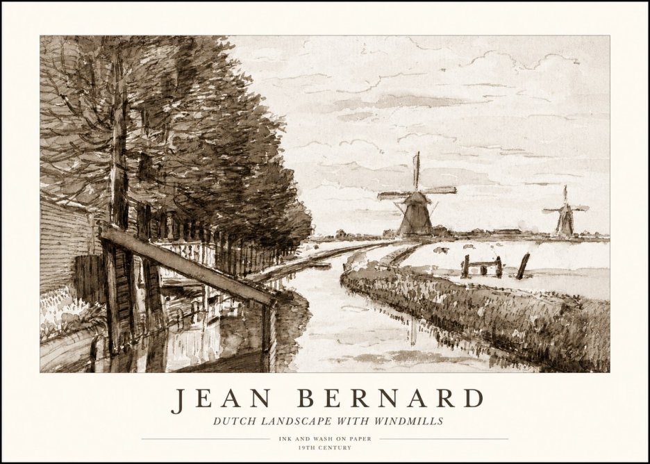 Jean Bernard Riverside Landscape with Windmills No4 - Plakát