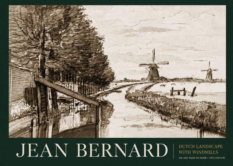 Jean Bernard Riverside Landscape with Windmills No6 - Plakát