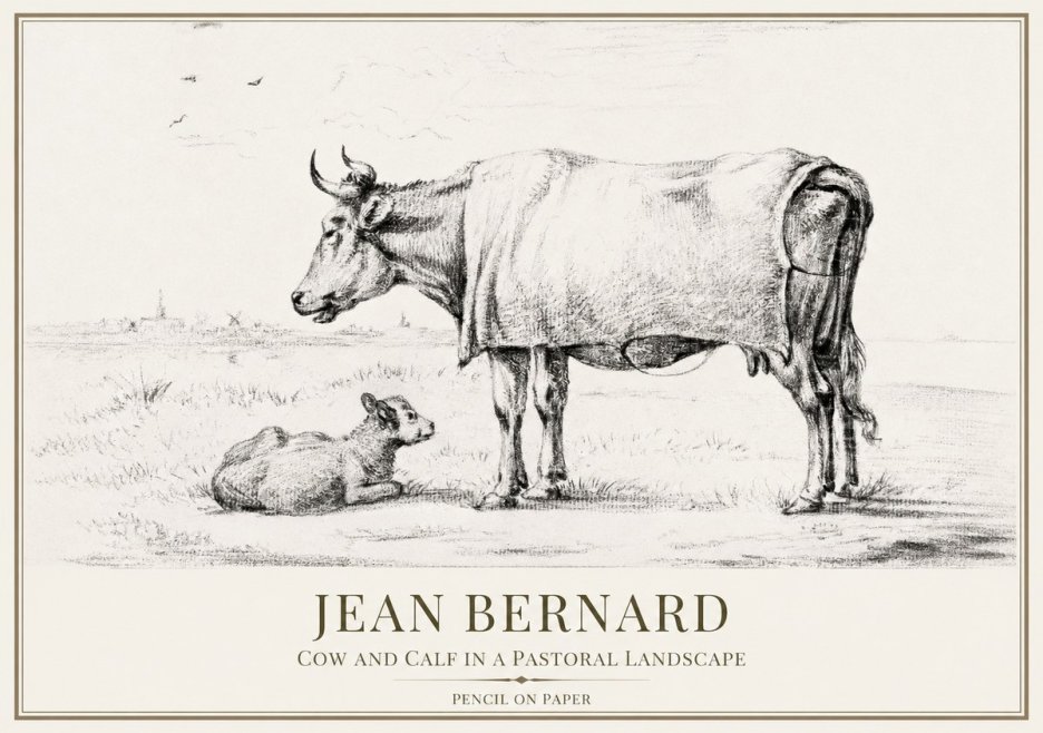 Jean Bernard Cow and Calf in a Pastoral Landscape No1 - Plakát