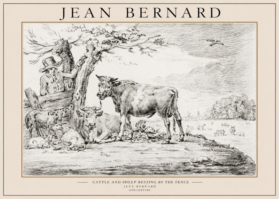 Jean Bernard Cattle and Sheep Resting by the Fence No1 - Plakát