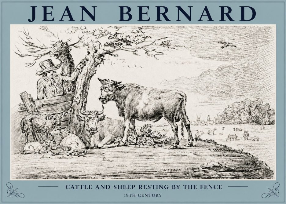 Jean Bernard Cattle and Sheep Resting by the Fence No3 - Plakát