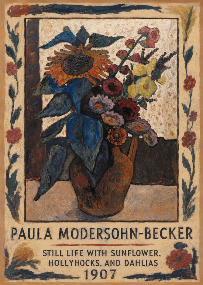 Paula Modersohn-Becker Still Life with Sunflower, Hollyhocks, and Dahlias No1 - Plakát