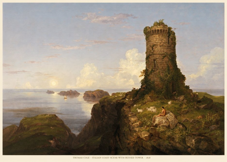 Thomas Cole Italian Coast Scene with Ruined Tower I No5 - Plakát