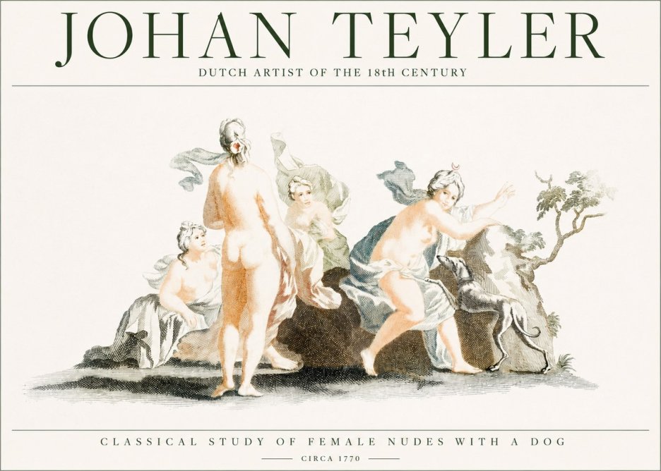 Johan Teyler Classical Study of Female Nudes with a Dog No1 - Plakát