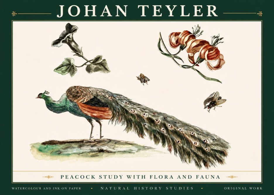 Johan Teyler Peacock Study with Flora and Fauna No5 - Plakát