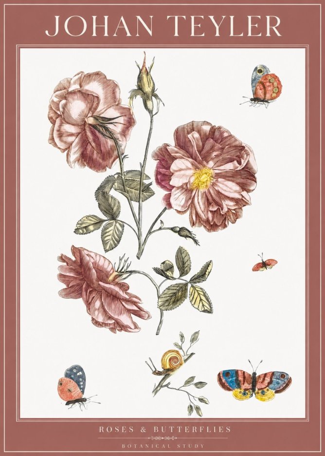 Johan Teyler Roses & Butterflies - Botanical Study No1 - Plakát