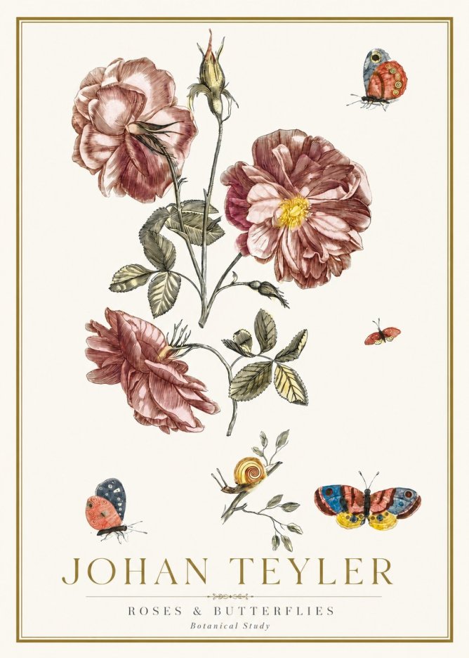 Johan Teyler Roses & Butterflies - Botanical Study No2 - Plakát