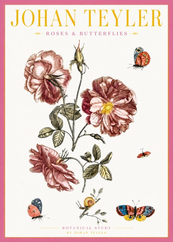 Johan Teyler Roses & Butterflies - Botanical Study No3 - Plakát