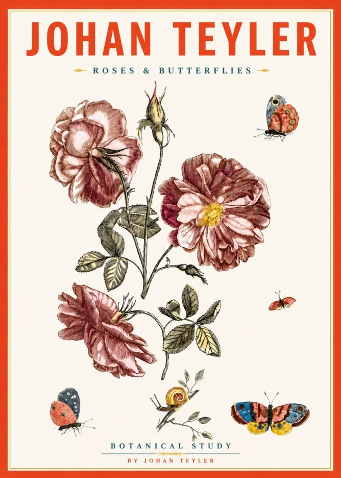 Johan Teyler Roses & Butterflies - Botanical Study No5 - Plakát