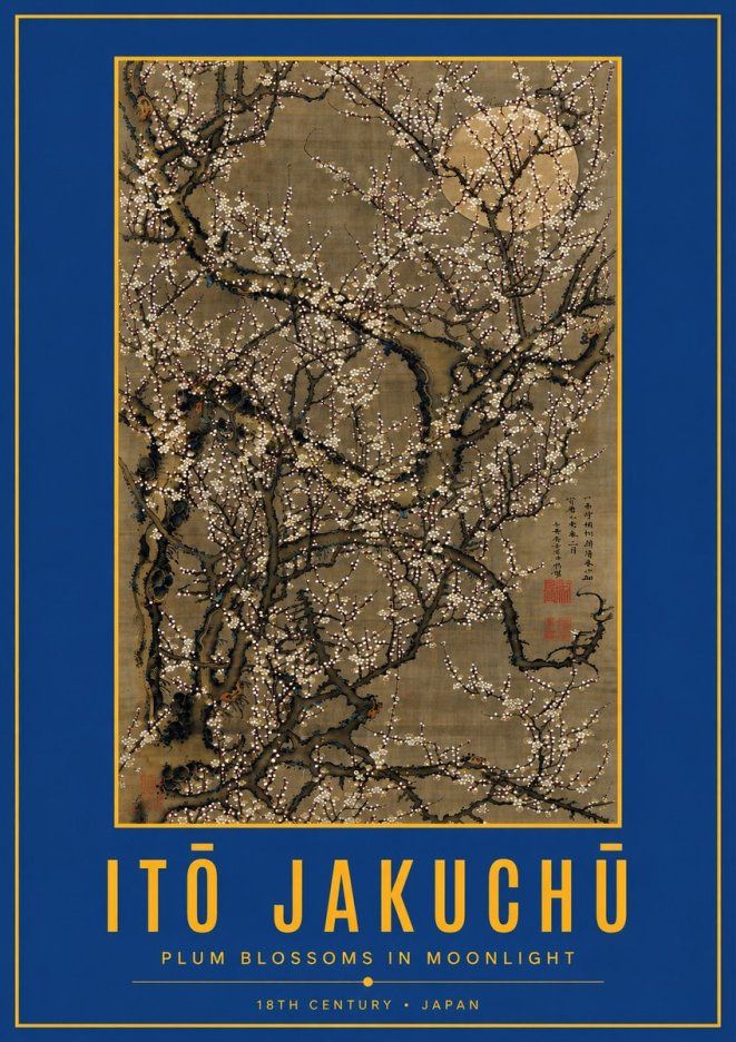 Itō Jakuchū Plum Blossoms in Moonlight No3 - Plakát