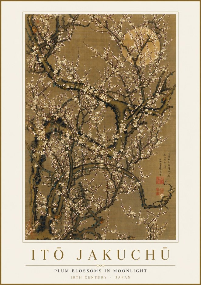 Itō Jakuchū Plum Blossoms in Moonlight No4 - Plakát