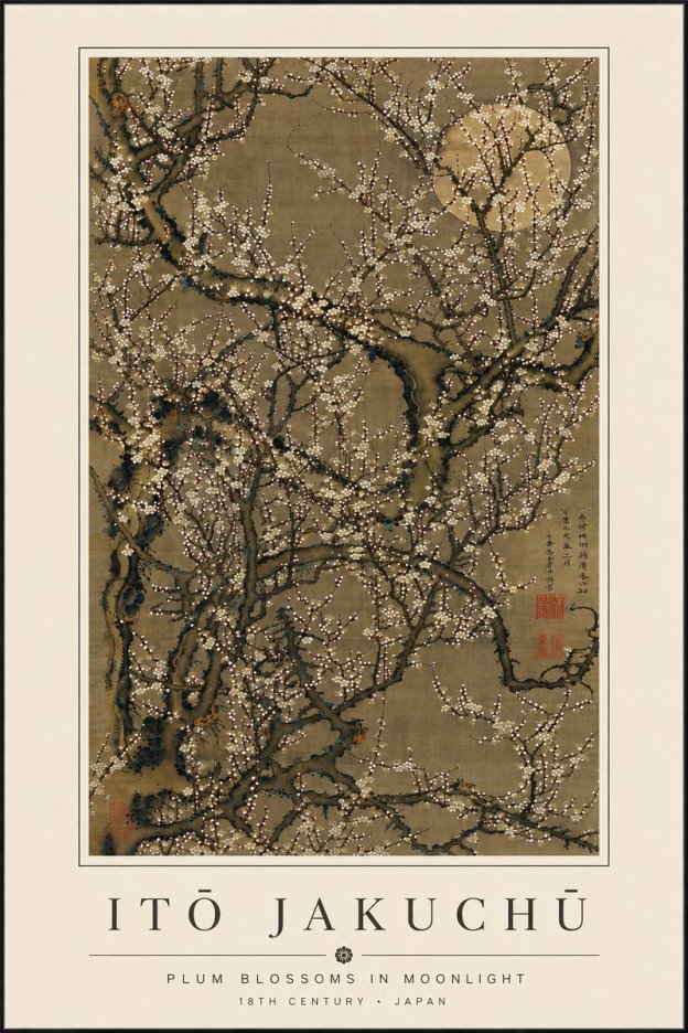 Itō Jakuchū Plum Blossoms in Moonlight No6 - Plakát