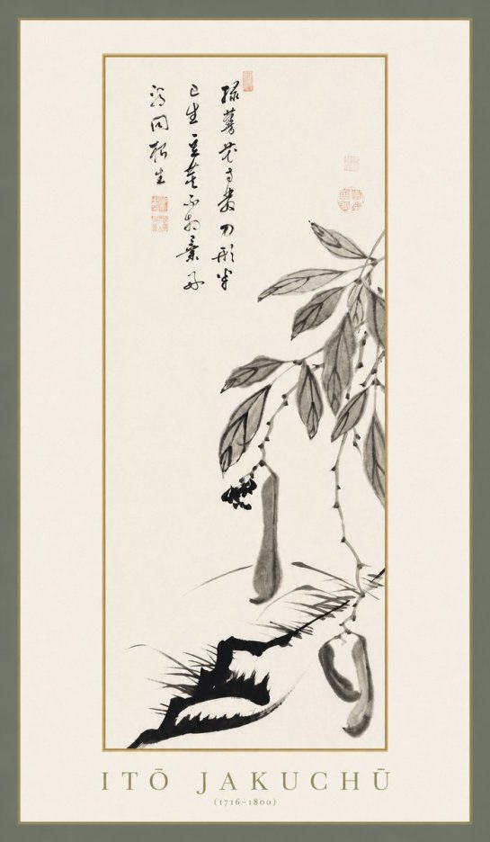Itō Jakuchū Branch with Pods and Calligraphy No1 - Plakát